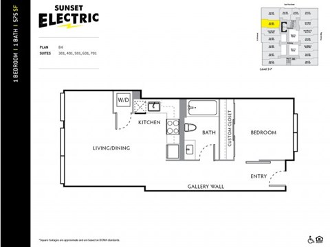 Floor plan for 1 bed, 1 bath, 575 sqft